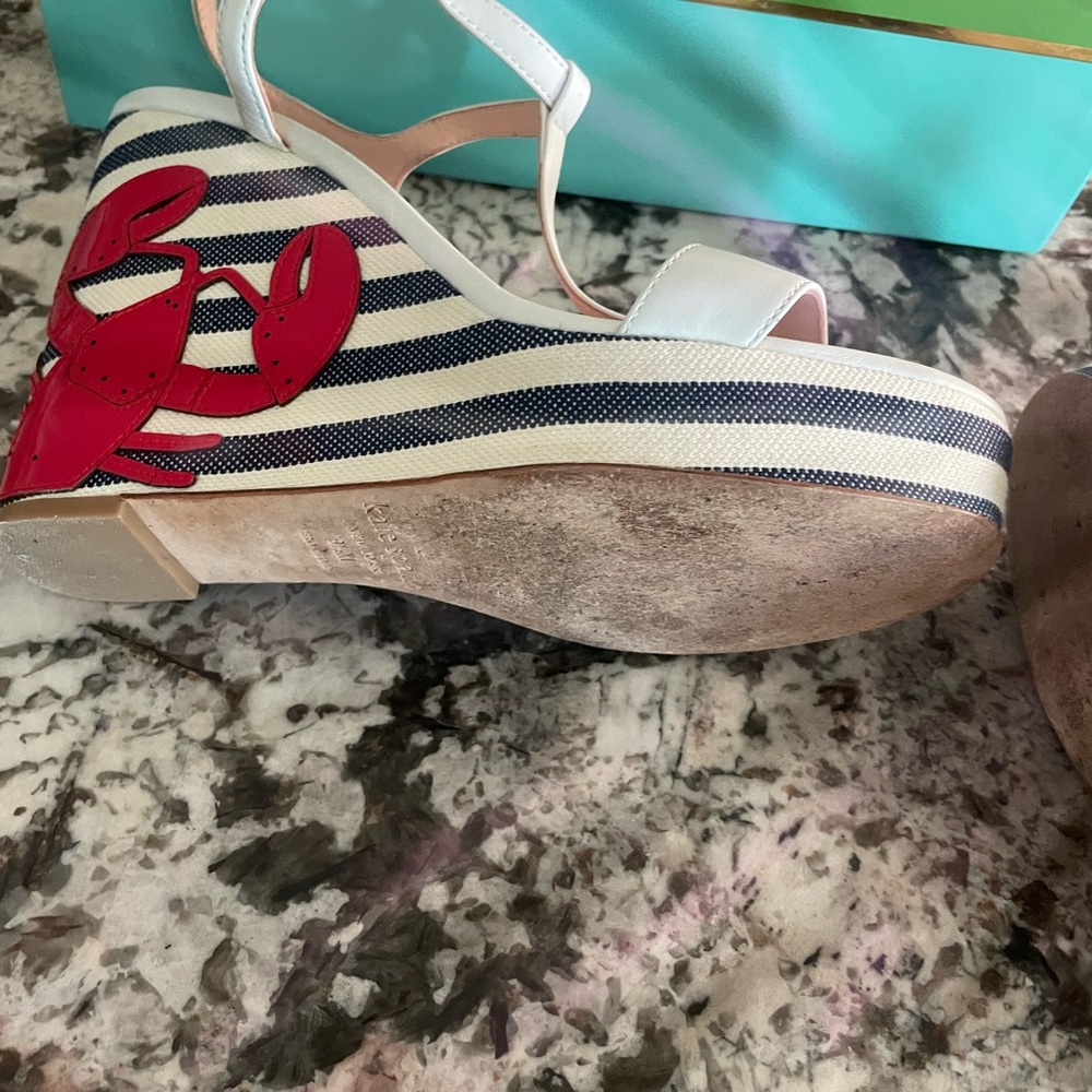 Kate Spade wedge wedges lobster 9.5 Striped Wedge Sandals  Lobster LEATHER - Picture 8 of 13